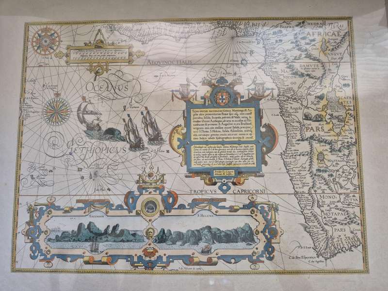 1596 hand coloured original: Striking map of South Africa, West Africa, Atlantic.