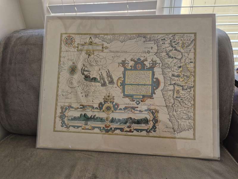 1596 hand coloured original: Striking map of South Africa, West Africa, Atlantic.