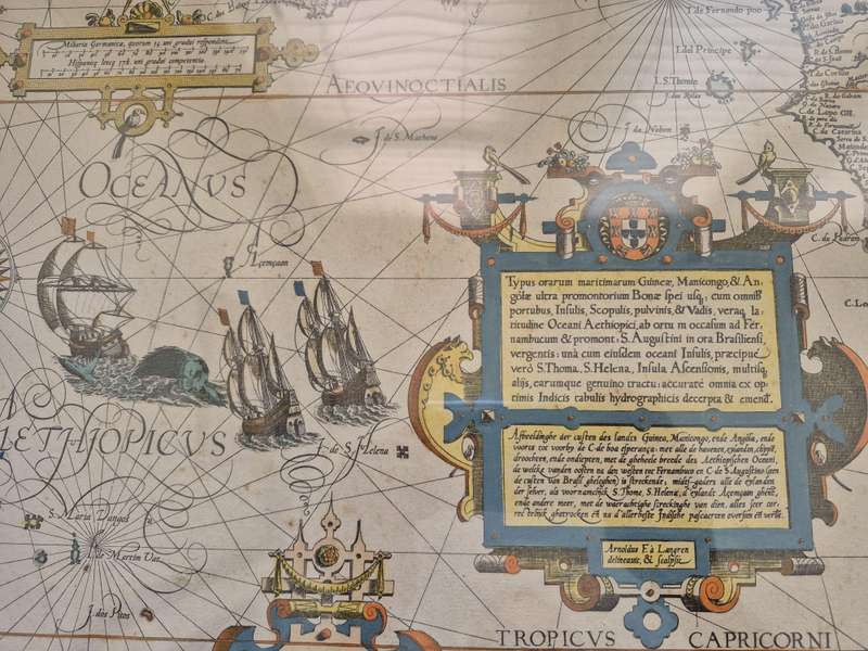 1596 hand coloured original: Striking map of South Africa, West Africa, Atlantic.