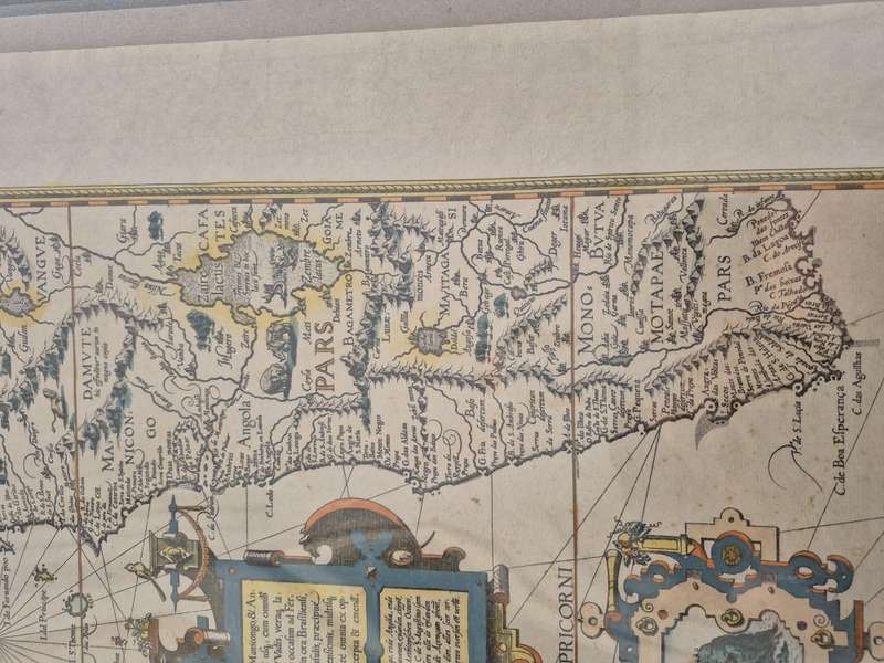 1596 hand coloured original: Striking map of South Africa, West Africa, Atlantic.
