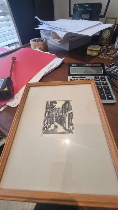 Eric Ravilious  (1903-1942).  SIGNED AND DATED FEBRUARY 1934. Cat in an old street. Wood engraving.
