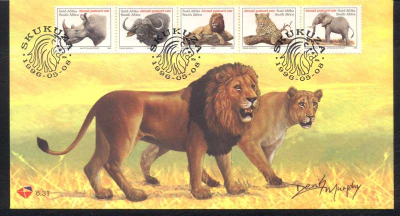 RSA 1996 BIG FIVE ADD VALUE TO DEF ISSUE FDC NO 6.31 SIGNED BY THE 'STAMP ARTIST - DENIS MURPHY'.