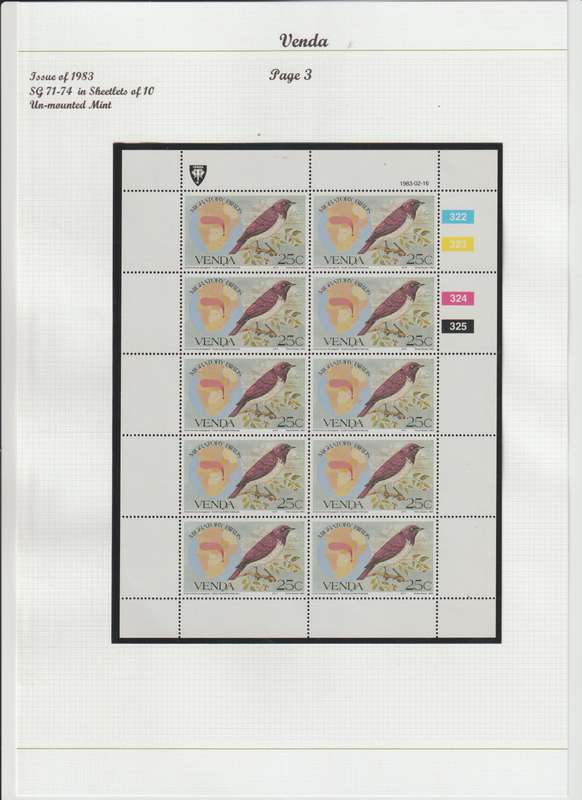 Venda 1983 - 1984 migratory birds & 1985 songbirds sheetlets of ten. CV 600.00