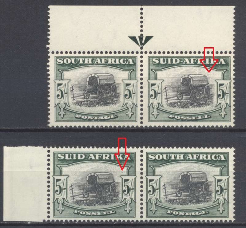 1947 CC 121a 5s 2 x pairs showing spot behind wagon - Superb Unmounted - CV R 2400