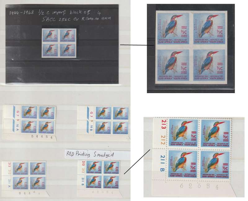 RSA 1964 - 1968 1/2 cent Kingfisher Blocks. Imperf Block, Smudge Printing High CV. See Scans !!!