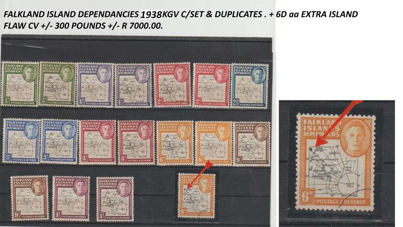 1938 Falkland Dependencies KGVI C/Set + duplicates CV +/- R 7000. Inc (6D aa Extra Island Flaw !!!)