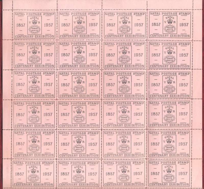 Natal Postage Stamp Centenary Exhibition 1857 - 1957 Labels - full superb sheet - some folds