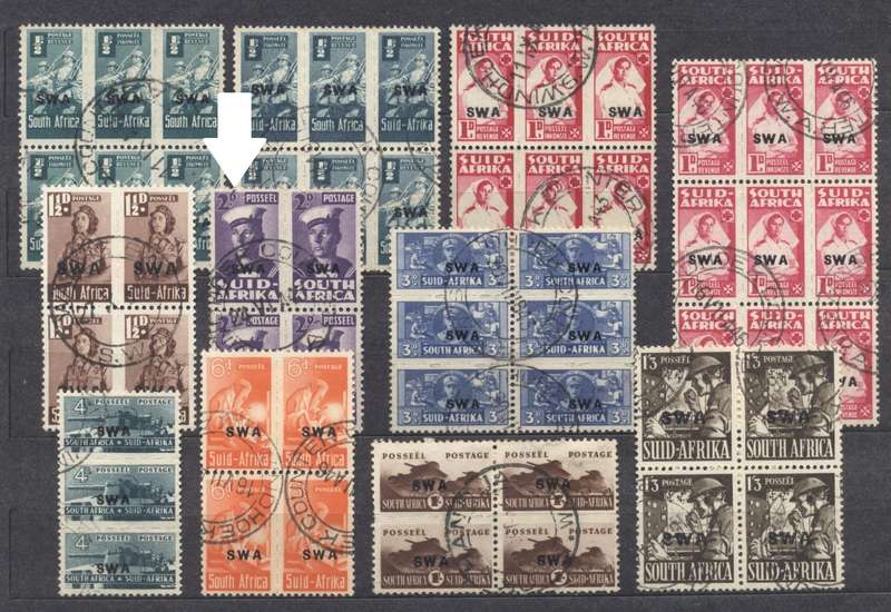 S.W.A. 1943/44 Small Wars Used Blocks incl some shades & 2d Apostrophe flaw - good CV