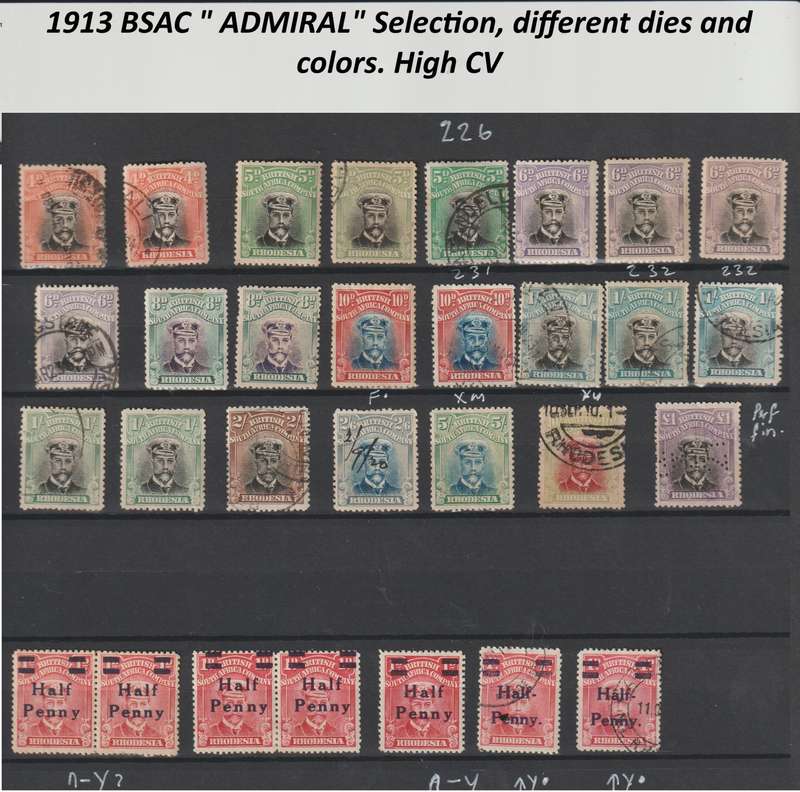 Rhodesia BSAC " Admiral's " 1913 - 1922 different dies, colours . *Mint, *used. See Scans