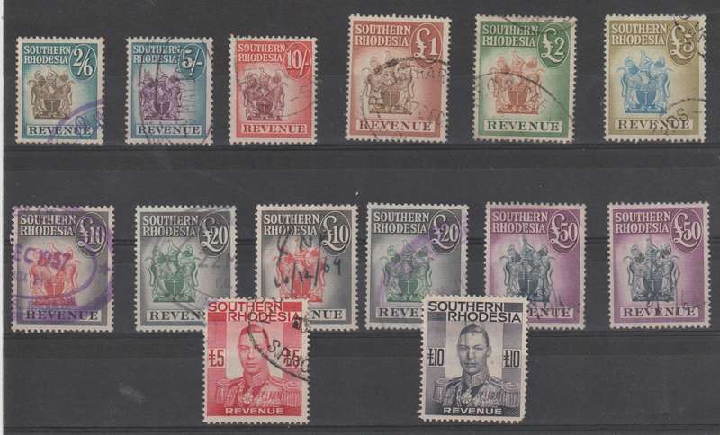 Rhodesia revenue stamp selection up to 50 pounds *u. Great Lot.