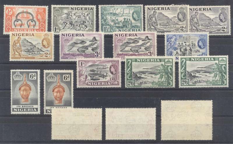 Nigeria 1953 QEII Definitive Set + Shades & Re entries - Very Fine MLH