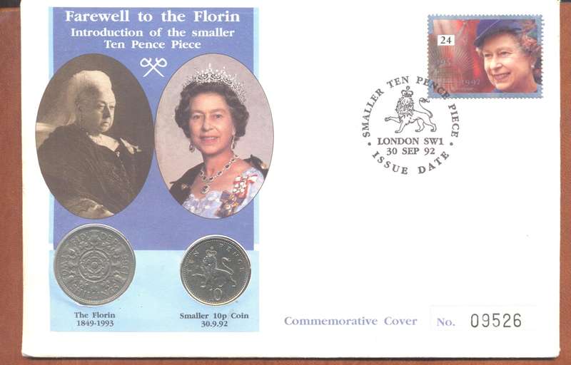 G.B. 1992 "Farewell to the Florin" Coin cover - 2 coins - good nick