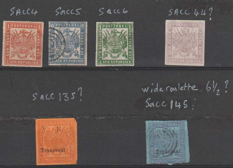 Transvaal 1869 - 1879 selection SACC 4,5,6,44 ?,135 ?,145 ? High CV. See Scans.