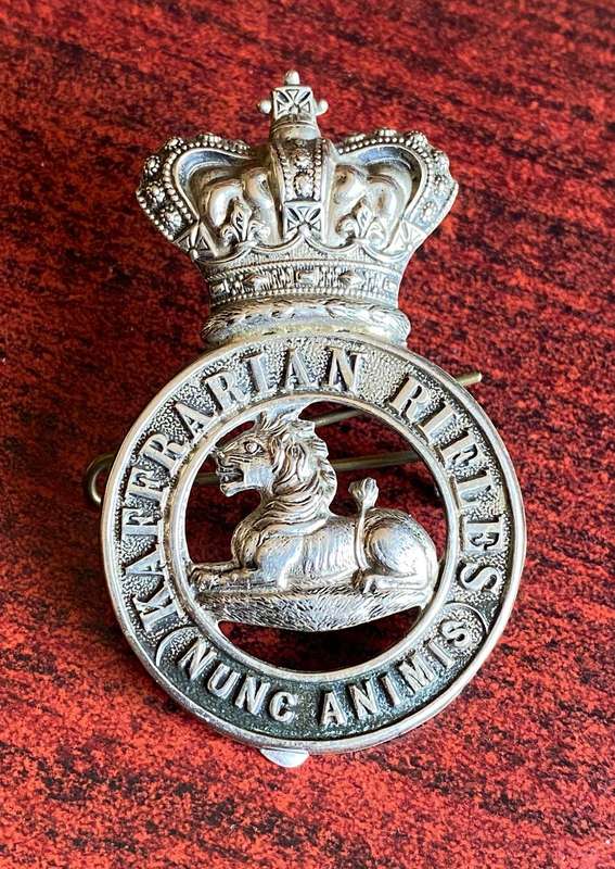BOER WAR KAFFRARIAN RIFLES WHITE METAL CAP BADGE-WORN PRE 1902-MEASURES 63X39 MM- 2 LUGS