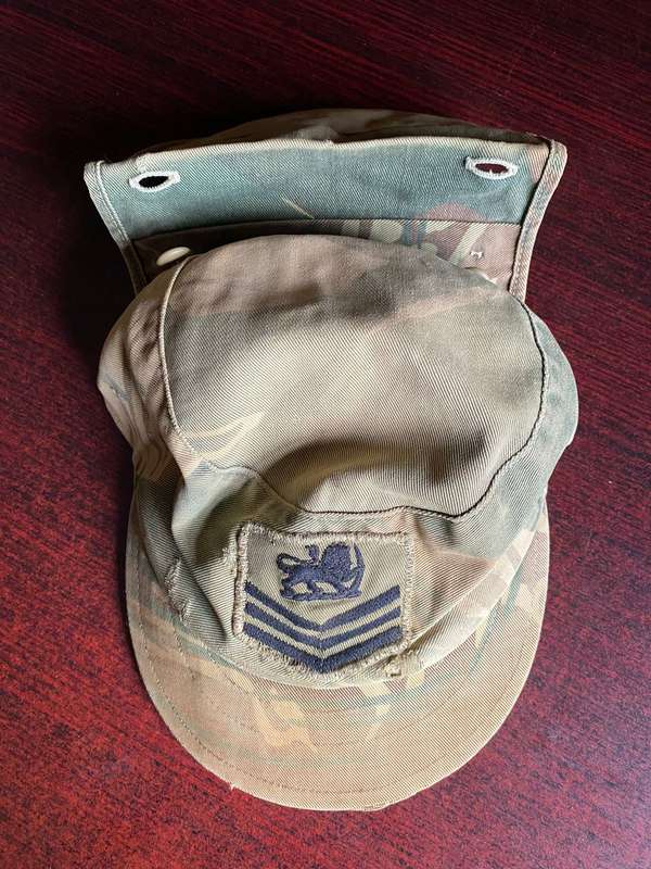 RHODESIAN CAMO FLAP CAP-RHODESIAN FLIGHT SERGEANT FLAP CAP-LOTS OF CHARACTER-USED-INSIDE RING MEASUR
