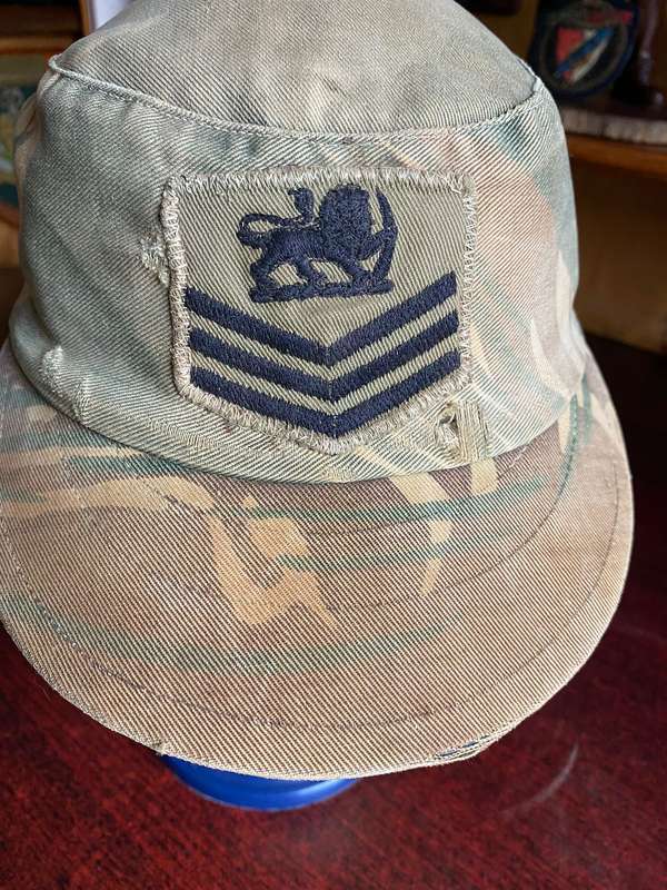 RHODESIAN CAMO FLAP CAP-RHODESIAN FLIGHT SERGEANT FLAP CAP-LOTS OF CHARACTER-USED-INSIDE RING MEASUR
