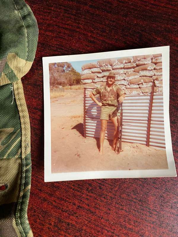 RHODESIAN CAMO FLAP CAP-BELONGED TO THE GUY IN THE PHOTO-UNFORTUNATELY I DO NOT HAVE HIS NAME-PICTUR