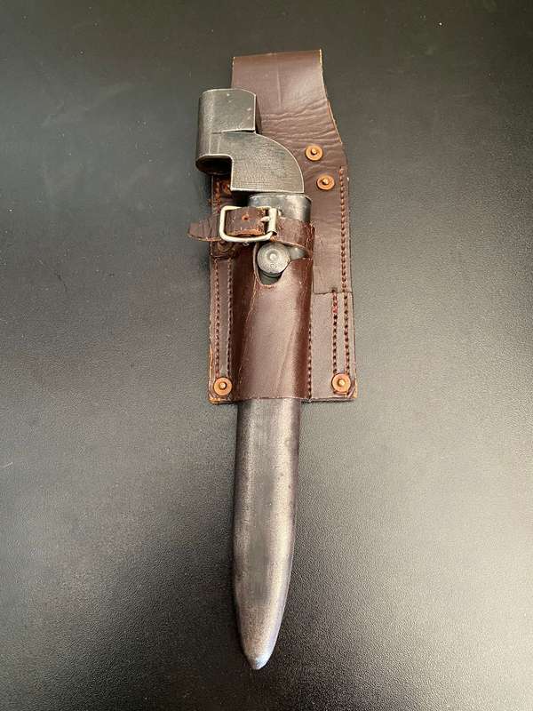 NO 9 BAYONET WITH METAL SCABBARD AND METAL FROG-ALL IN GOOD CONDITION-BAYONET IS DATED 1949