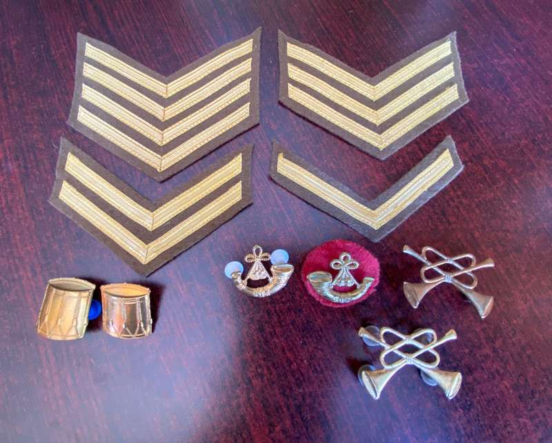 ARMY BAND SELCTION OF BADGES AND RANKS-SOLD TOGETHER-PINS COMPLETE-10 ITEMS IN TOTAL