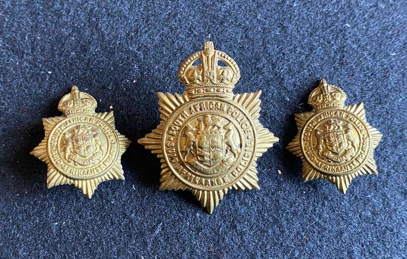 BRASS HELMET BADGE AND TWO COLLARS- S TYPE-WORN 1931-57-LUGS + PINS COMPLETE