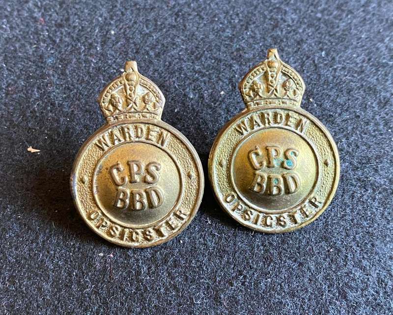 CIVILIAN PROTECTION SERVICE COLLAR BADGE PAIR-WORN WW2-LUGS COMPLETE