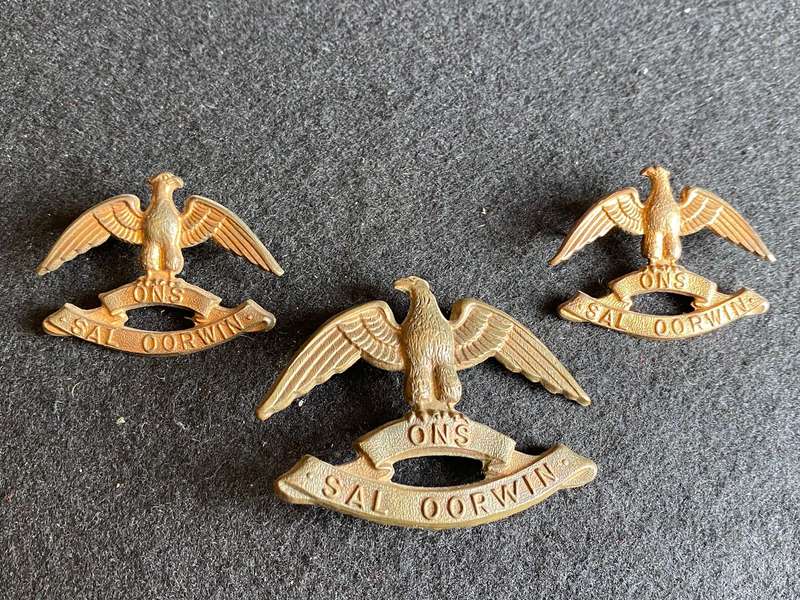 REGT. PRESIDENT KRUGER GILDING METAL CAP AND COLLARS-WORN FROM 1965-LUGS + PINS INTACT