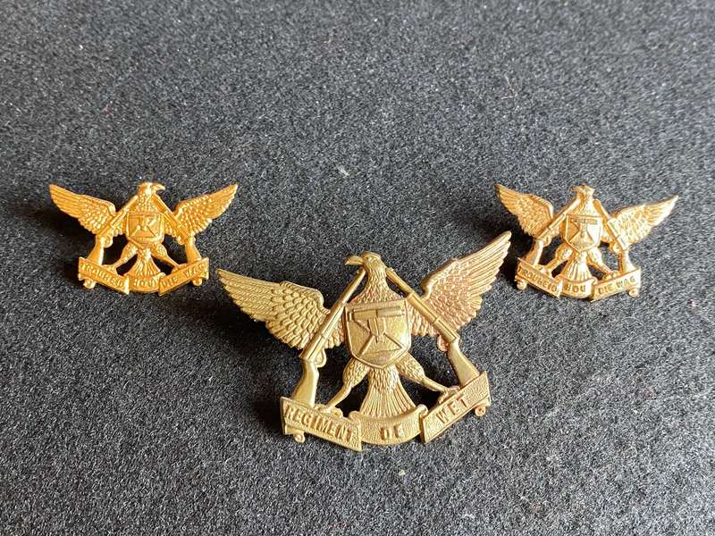 REGT. DE WET GILDING METAL CAP AND COLLARS-WORN FROM 1967-LUGS + PINS INTACT