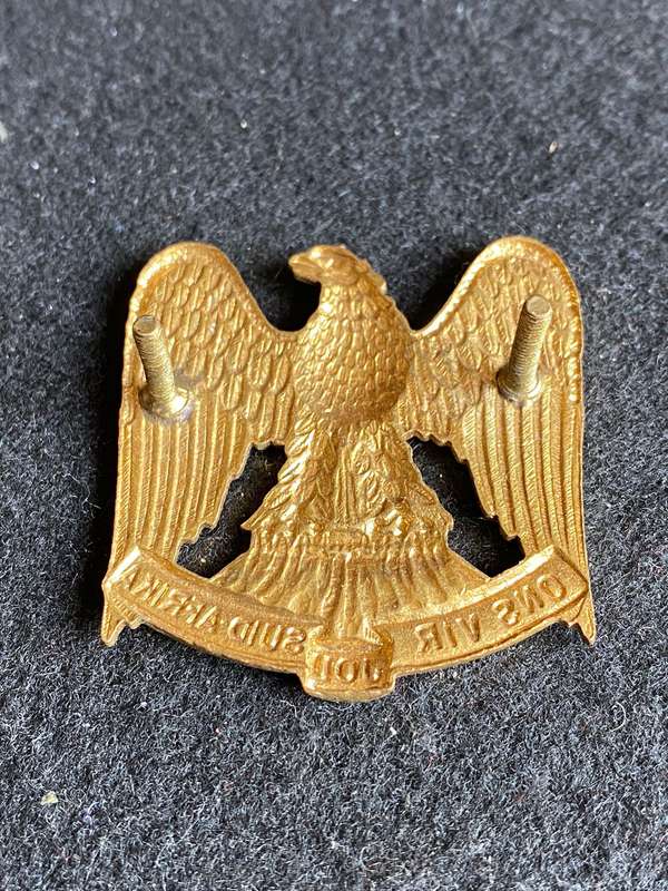 REGT. LOUW WEPENER CAP BADGE,GILT WORN- 1965-76- 2 LUGS