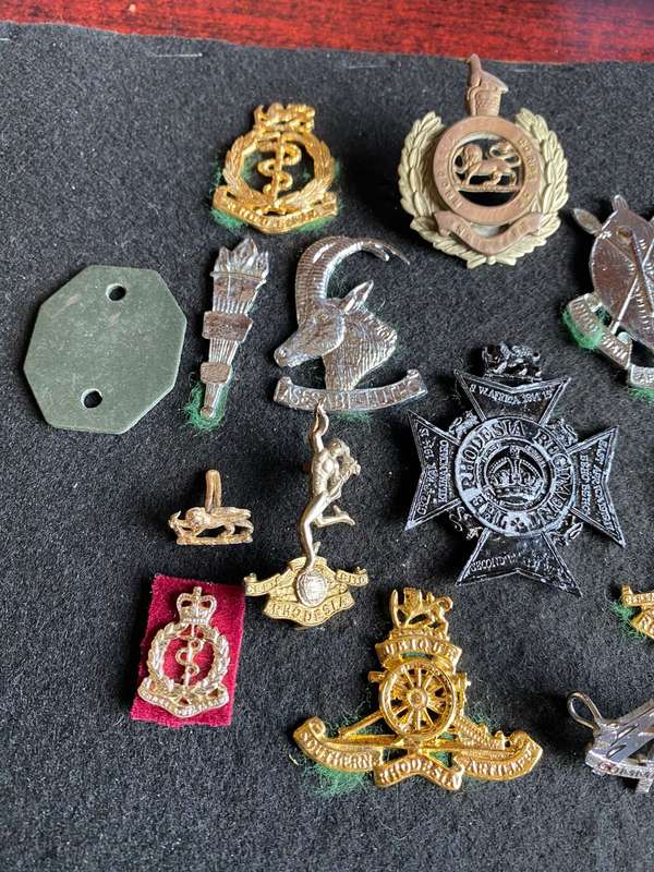 SELECTION OF RHODESIAN BADGES- SOLD TOGETHER- MOST WITHOUT LUGS- 15 IN TOTAL