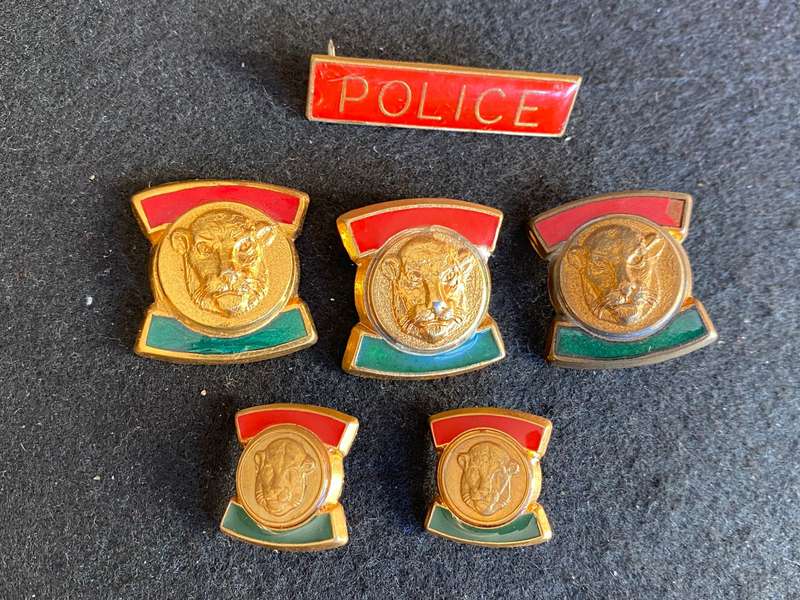 BOPHUTHATSWANA POLICE RANK BADGES (5) AND NAME TAG- 3 MISSING PINS