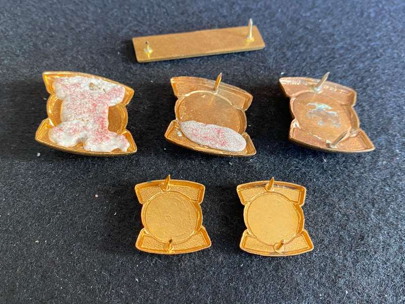BOPHUTHATSWANA POLICE RANK BADGES (5) AND NAME TAG- 3 MISSING PINS