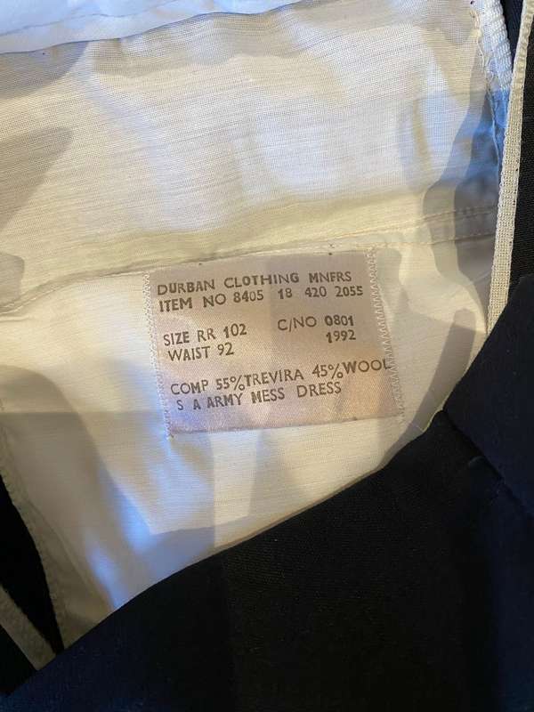 SA ARMY MESS DRESS JACKET-SIZE MEDIUM-MEASURES 50 CM ARMPIT TO ARMPIT-SOLD WITH 2X TROUSERS,BOTH SIZ