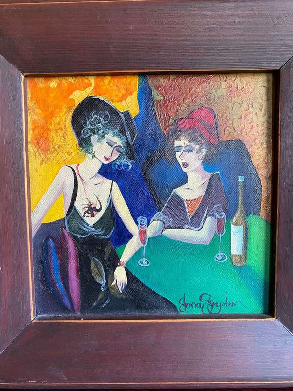 MAHOGANY FRAMED OIL PAINTING OF TWO WOMAN DRINKING WINE BY IRMA STRYDOM-FRAME MEASURES 39X39CM-PAINT