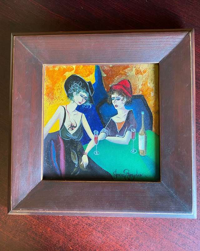 MAHOGANY FRAMED OIL PAINTING OF TWO WOMAN DRINKING WINE BY IRMA STRYDOM-FRAME MEASURES 39X39CM-PAINT