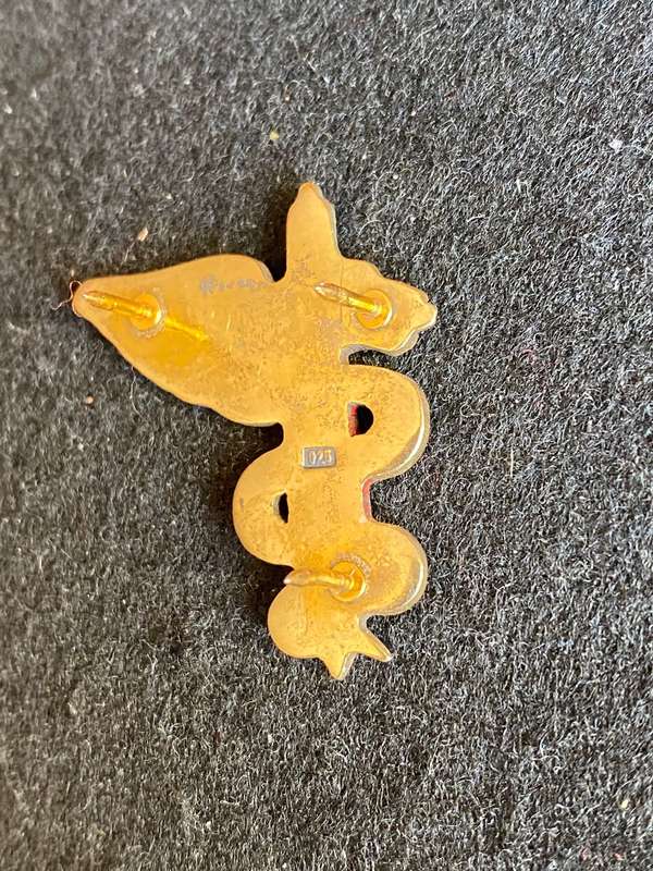 SAMS BI-METAL MEDICAL ORDERLY SUPPORT OPERATOR BREAST BADGE-APPROVED 1993-APPLIED FOR BY 7 MEDICAL B