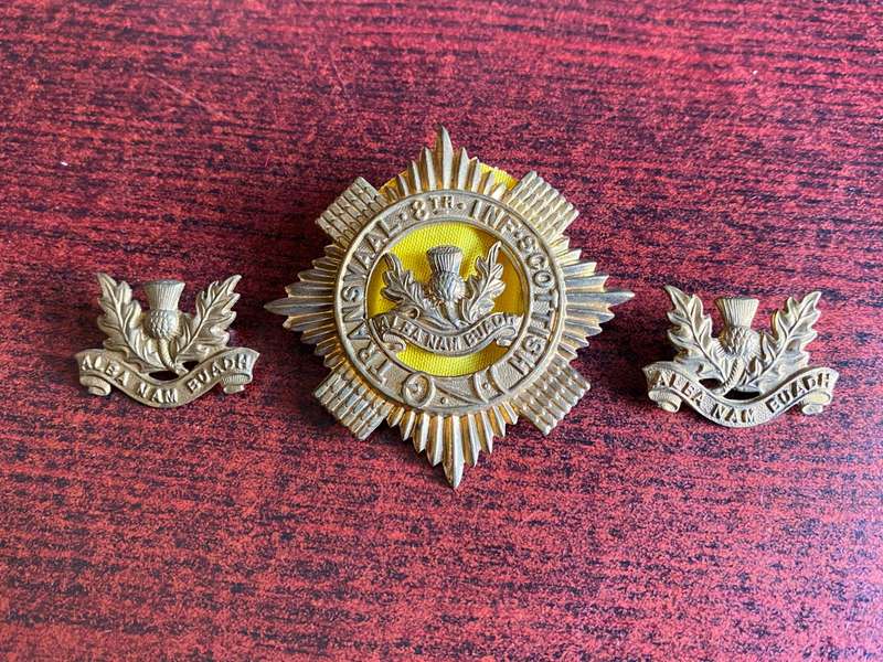 TRANSVAAL SCOTTISH-GILT-BALMORAL BONNET BADGE-1ST BN. (YELLOW CLOTH CENTRE)WORN FROM 1913-SOLD WITH