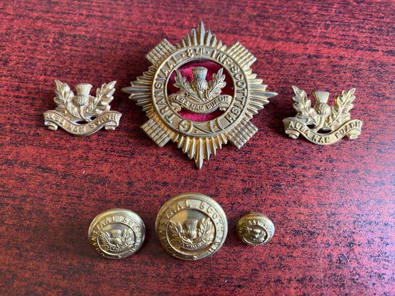 TRANSVAAL SCOTTISH-GILT BALMORAL BONNET BADGE-2ND BN (RED CLOTH CENTRE)-WORN FROM 1913-SOLD WITH 2 X