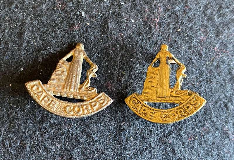 CAPE CORPS COLLAR BADGE PAIR-WORN 1940-45-LUGS COMPLETE