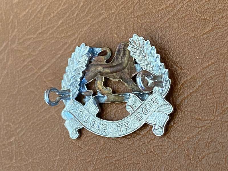 RHODESIA ARMY PAY CORPS BI-METAL CAP BADGE-WORN 1972-1980-LUGS INTACT