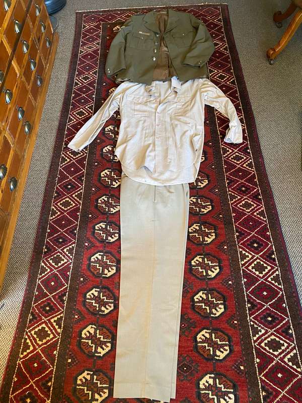 SADF STEPOUT UNIFORM TROUSERS (SIZE 32) SHIRT (SIZE MEDIUM-MEASURES 55CM ARMPIT TO ARMPIT)-JACKET,SI