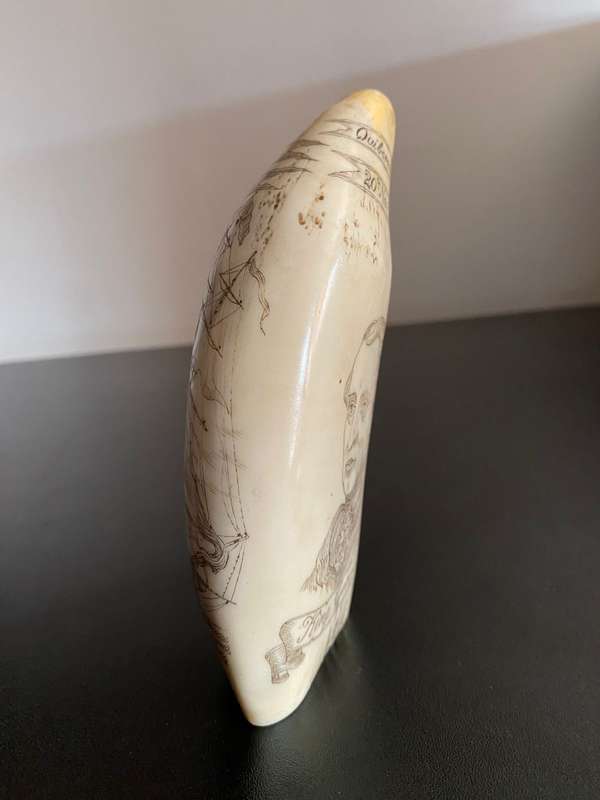 VINTAGE FAUX SCRIMSHAW SPERM WHALE TEETH DEPICTING KING GEORGE -LENGTH 14,5CM-DIAMETER 17,5CM