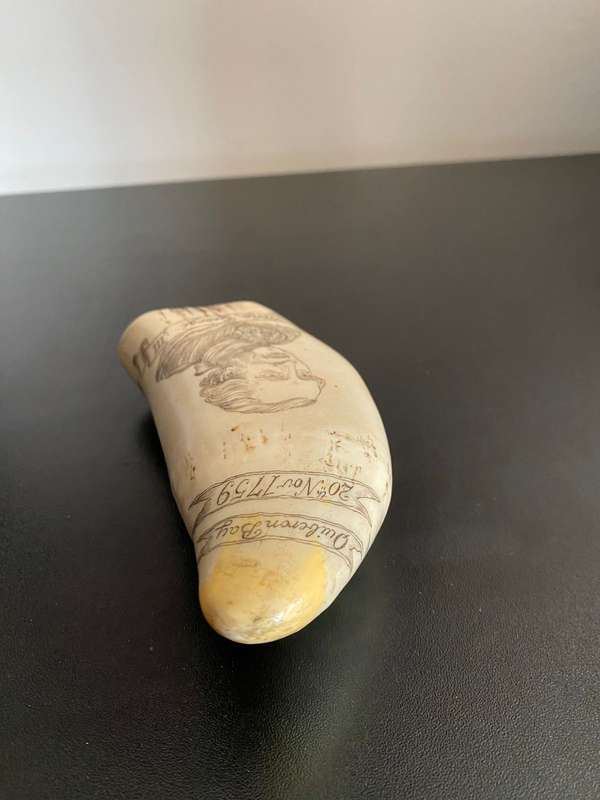 VINTAGE FAUX SCRIMSHAW SPERM WHALE TEETH DEPICTING KING GEORGE -LENGTH 14,5CM-DIAMETER 17,5CM