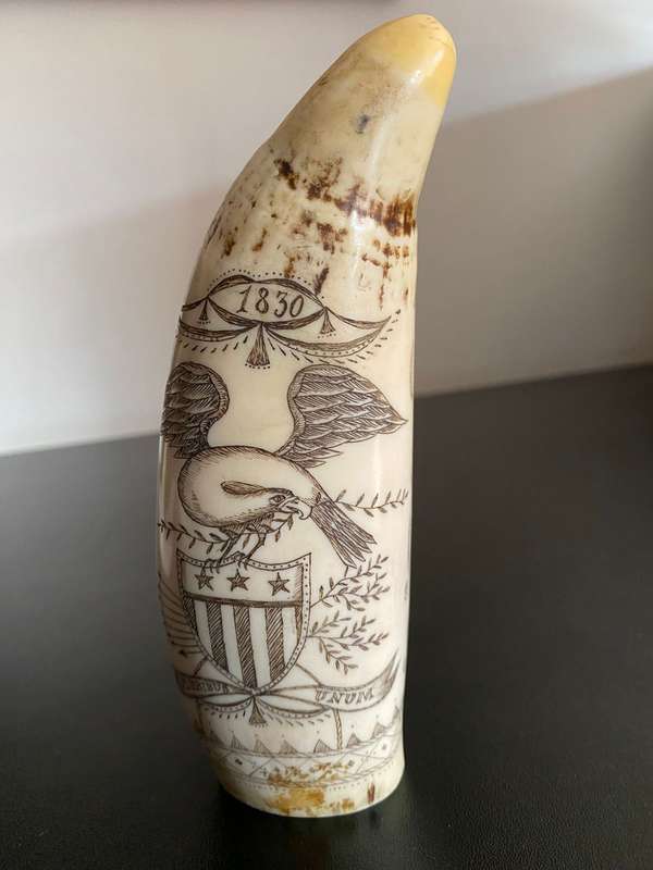 VINTAGE FAUX SCRIM SHAW SPERM WHALE TEETH DEPICTING SHIP SUSAN-LENGTH 16CM-DIAMETER 16 CM