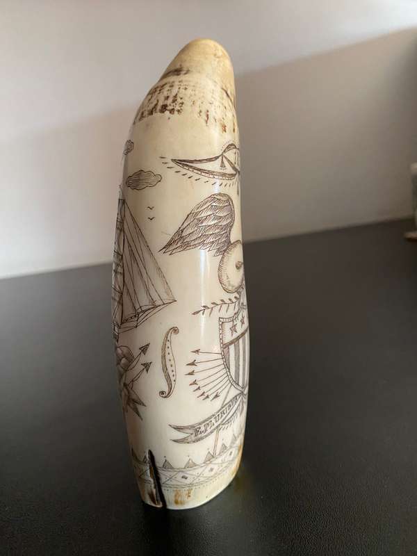 VINTAGE FAUX SCRIM SHAW SPERM WHALE TEETH DEPICTING SHIP SUSAN-LENGTH 16CM-DIAMETER 16 CM