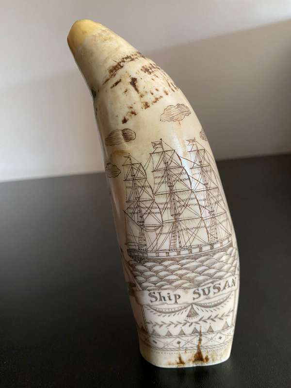 VINTAGE FAUX SCRIM SHAW SPERM WHALE TEETH DEPICTING SHIP SUSAN-LENGTH 16CM-DIAMETER 16 CM