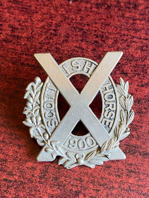 SCOTTISH HORSE,SLOUCH HAT BADGE-WORN 1902-1907-WHITE METAL- 2 LUGS