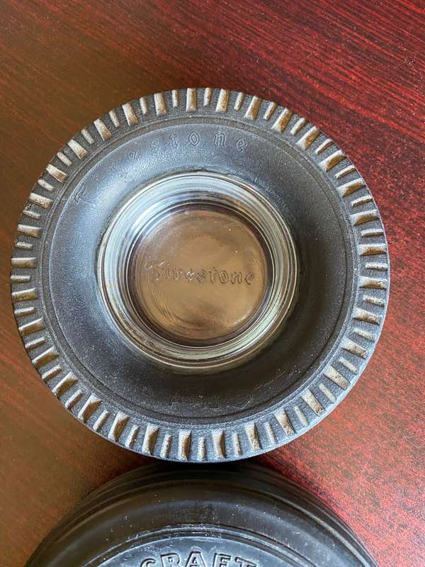 VERY COLLECTABLE 1960'S GOOD YEAR AND FIRESTONE ASHTRAYS-HARD RUBBER WITH GLASS ASHTRAY INSIDE-DIAME