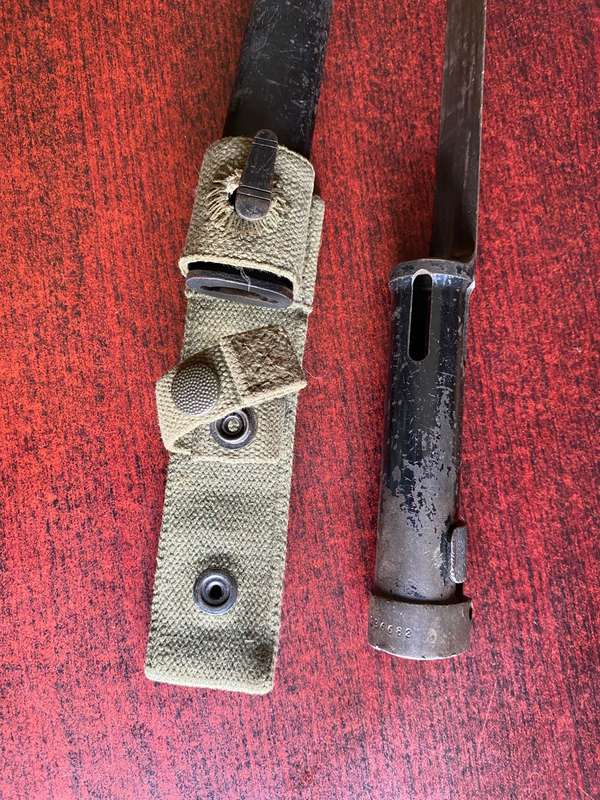 FN BAYONET WITH METAL SCABBARD AND WEBBING FROG