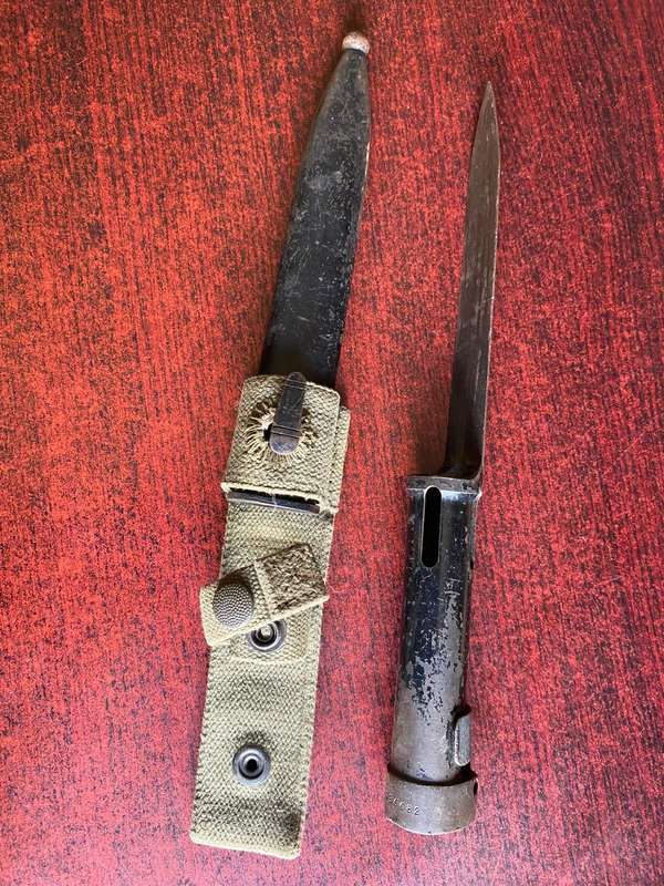 FN BAYONET WITH METAL SCABBARD AND WEBBING FROG