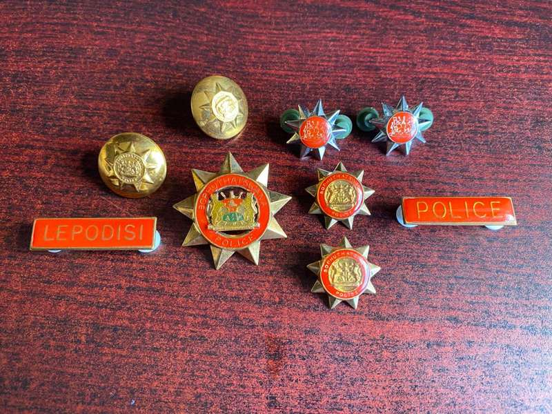 BOPHUTHATSWANA POLICE CAP,COLLARS ,BUTTONS + BREAST NAME BADGE + RANKS-PINS + LUGS INTACT